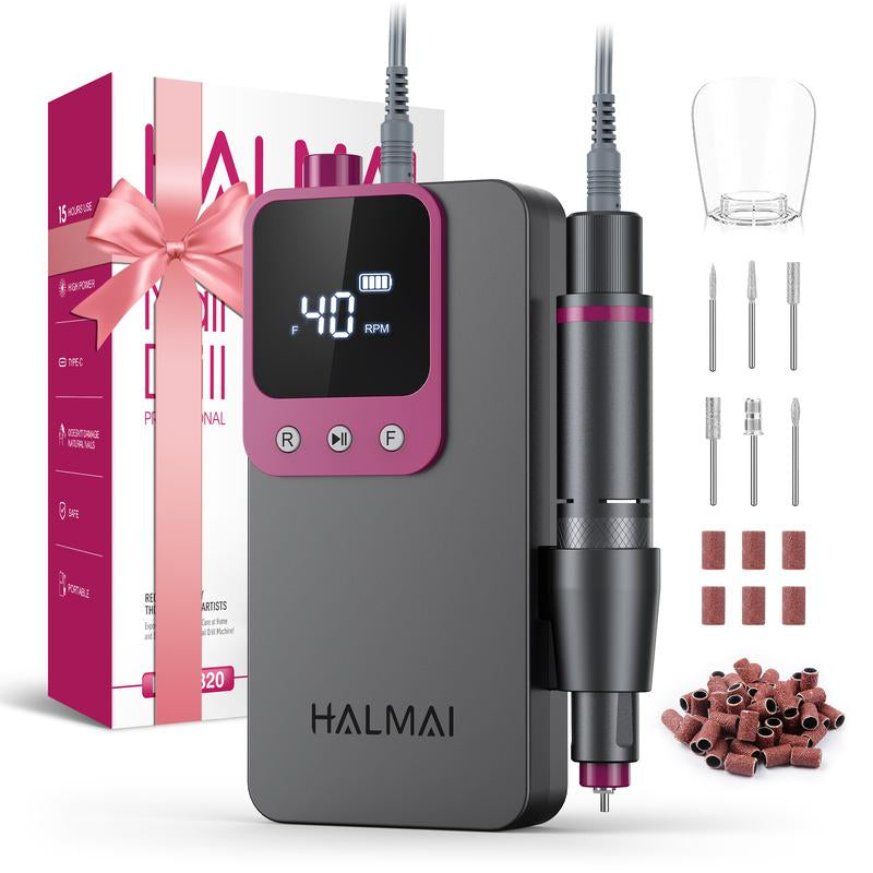 HALMAI Ultra Power Cordless Nail Drill - Professional Electric File for Acrylic & Gel Nails, Vibration-Free with 10-Second Gel Removal, Dark Grey