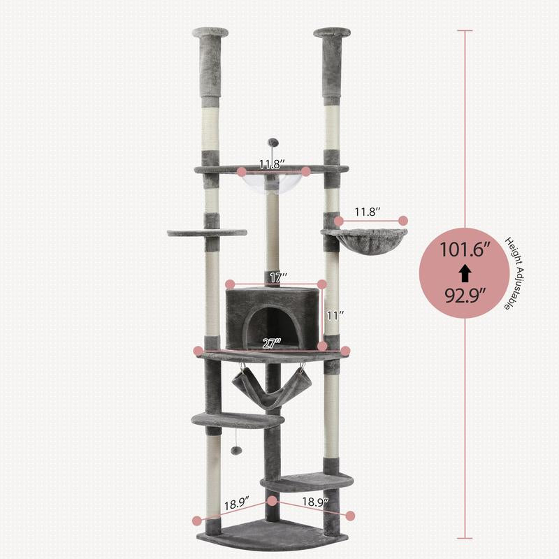 Adjustable PAWZ Road 92.9-101.6 Inch Floor to Ceiling Cat Tree with Scratching Posts, Condo, Perches & Hammock – Perfect for Indoor Cats!