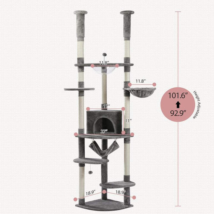 Adjustable PAWZ Road 92.9-101.6 Inch Floor to Ceiling Cat Tree with Scratching Posts, Condo, Perches & Hammock – Perfect for Indoor Cats!