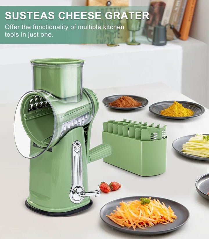 SUSTEAS Retro Green Rotary Cheese Grater with 5 Blades & Strong Suction Base - Perfect Mandoline Slicing Kitchen Tool!
