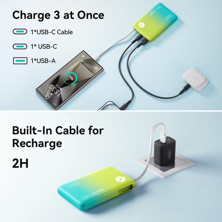INIU Pawgo 45W Power Bank, Portable Charger, Slimmest 10000Mah Power Bank with Build in USB-C Cable, 45W PD Fast Charging USB C In&Out Battery Pack, External Phone Charger for Iphone 16 15 14 13 12 11 Samsung S24 S23 S22 S21 Google Etc Compact Handy
