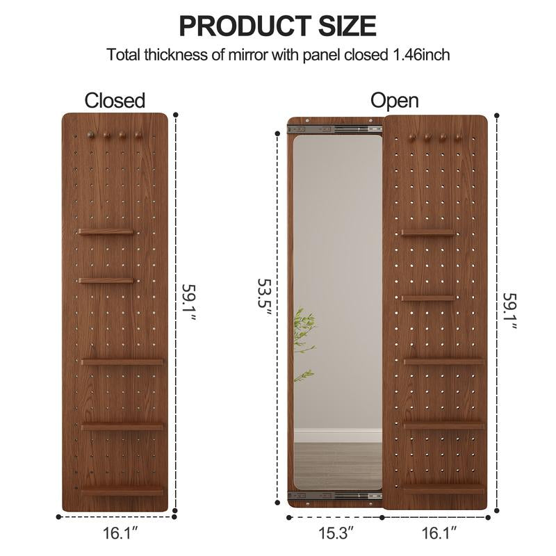 Rustic Full-Length Wall Mirror with Shelf & Hooks - Solid Wood Multifunctional Panel for Bedroom, Living Room, Entryway