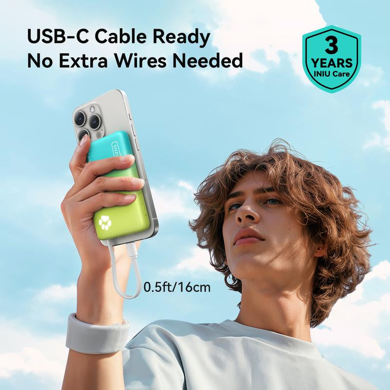 INIU Pawgo 45W Power Bank, Portable Charger, Slimmest 10000Mah Power Bank with Build in USB-C Cable, 45W PD Fast Charging USB C In&Out Battery Pack, External Phone Charger for Iphone 16 15 14 13 12 11 Samsung S24 S23 S22 S21 Google Etc Compact Handy
