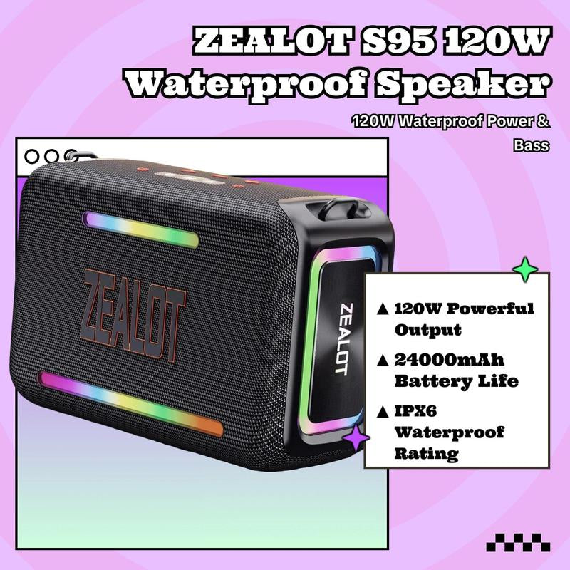 ZEALOT S95 120W Waterproof Wireless Speaker - Portable Rechargeable Sound System with LED Light for Home, Outdoor, Camping, and Parties - Perfect Gift for Men