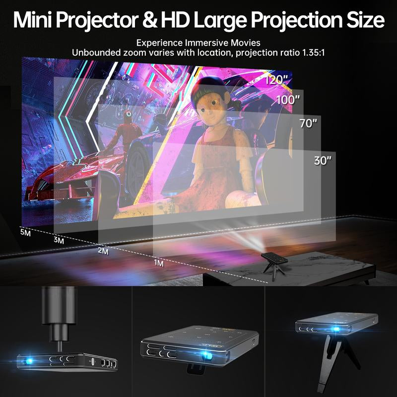 Ultra-Compact Mini Projector with 9.0 Android, 5G WiFi, Bluetooth, 3D & 4K Support, Rechargeable Battery, Mobile Connectivity, HDMI & USB, Automatic Keystone Correction, and Built-In Audio