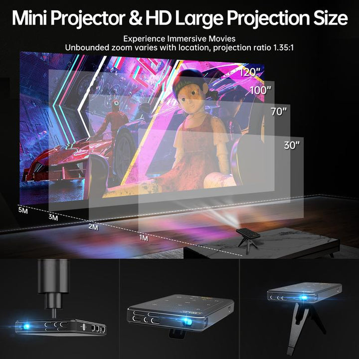 Ultra-Compact Mini Projector with 9.0 Android, 5G WiFi, Bluetooth, 3D & 4K Support, Rechargeable Battery, Mobile Connectivity, HDMI & USB, Automatic Keystone Correction, and Built-In Audio