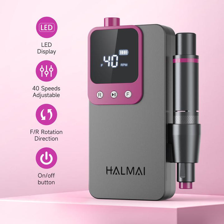 HALMAI Ultra Power Cordless Nail Drill - Professional Electric File for Acrylic & Gel Nails, Vibration-Free with 10-Second Gel Removal, Dark Grey