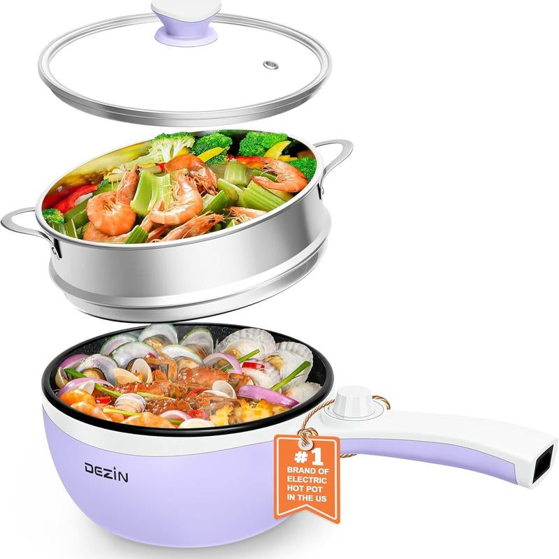 Dezin Spring Sales Electric Pot, Non-Stick Sauté Pan, Mini Electric Fondue Pot for Cheese, Stir Fry, Roast, Steam with Power Adjustment, Perfect for Ramen, Steak, Pink (Egg Rack Included)