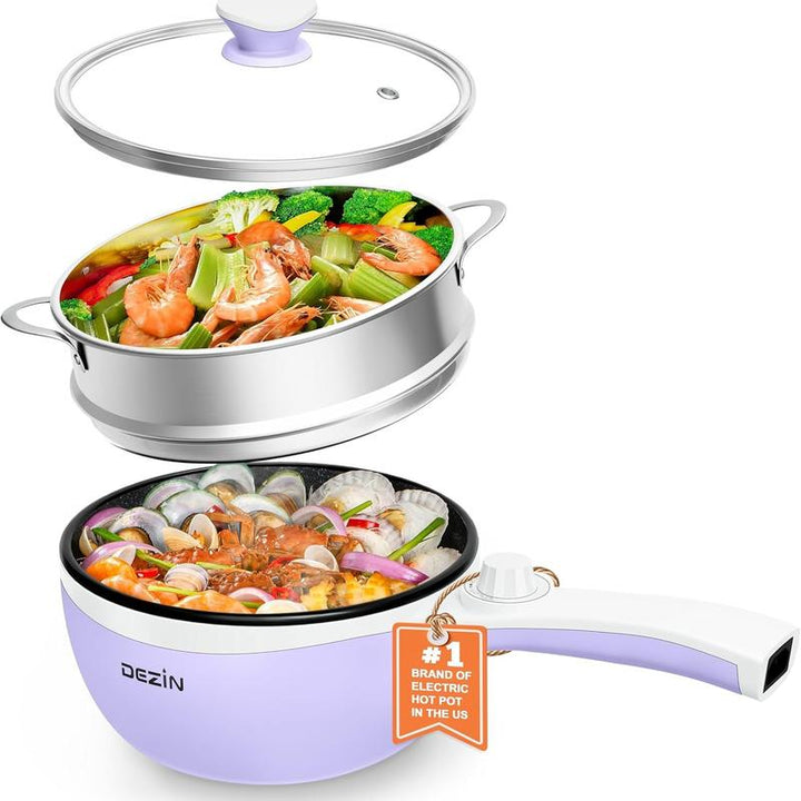Dezin Spring Sales Electric Pot, Non-Stick Sauté Pan, Mini Electric Fondue Pot for Cheese, Stir Fry, Roast, Steam with Power Adjustment, Perfect for Ramen, Steak, Pink (Egg Rack Included)